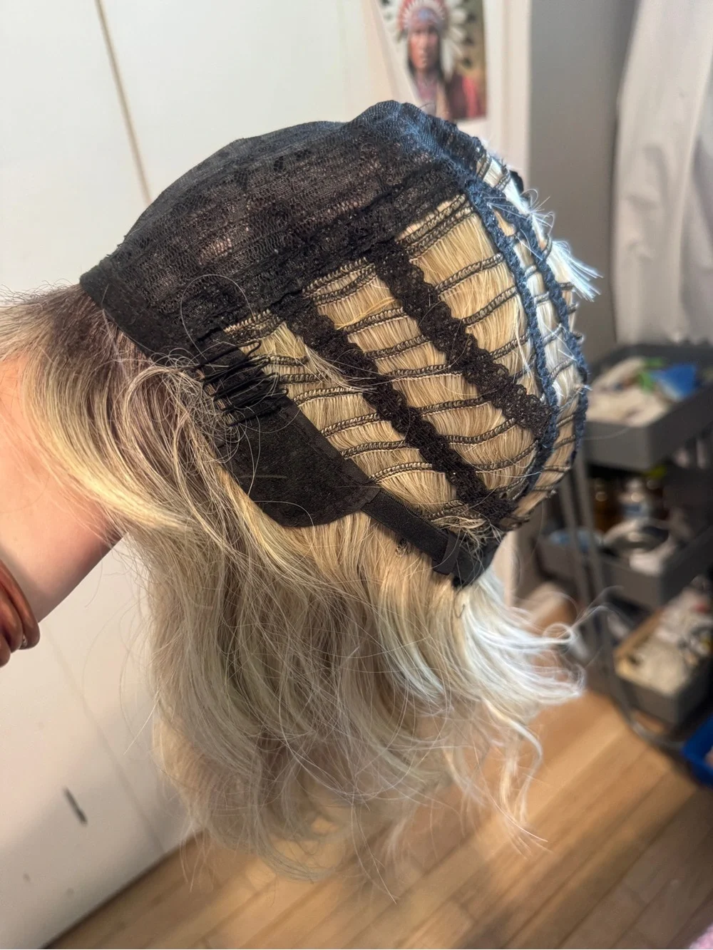 Ash Blonde Wavy Bob Synthetic Wig With Dark Shadow Root & Bangs